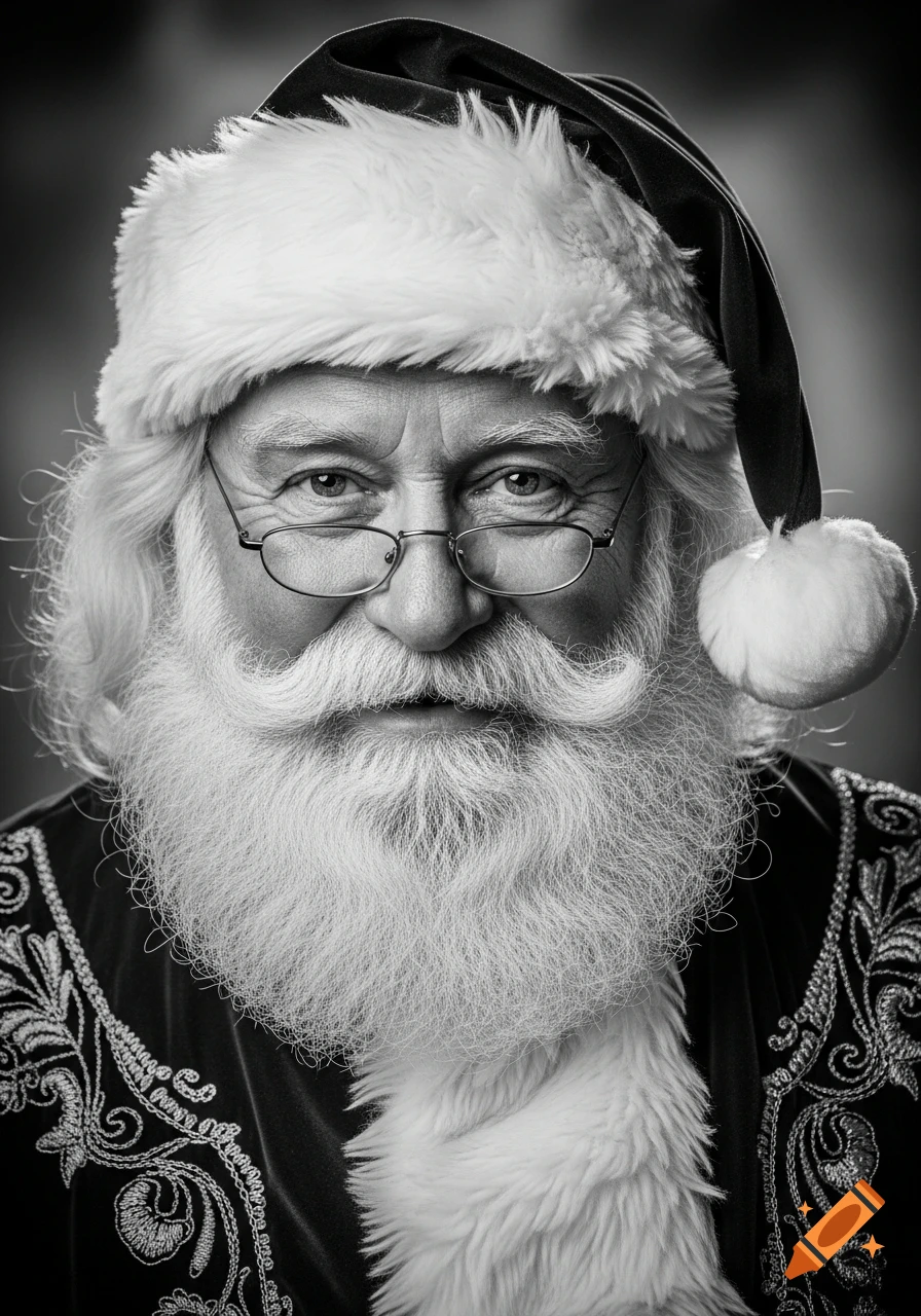 Close-up black and white portrait of an old Santa Claus with a long white beard, mustache, glasses, and a Santa hat.