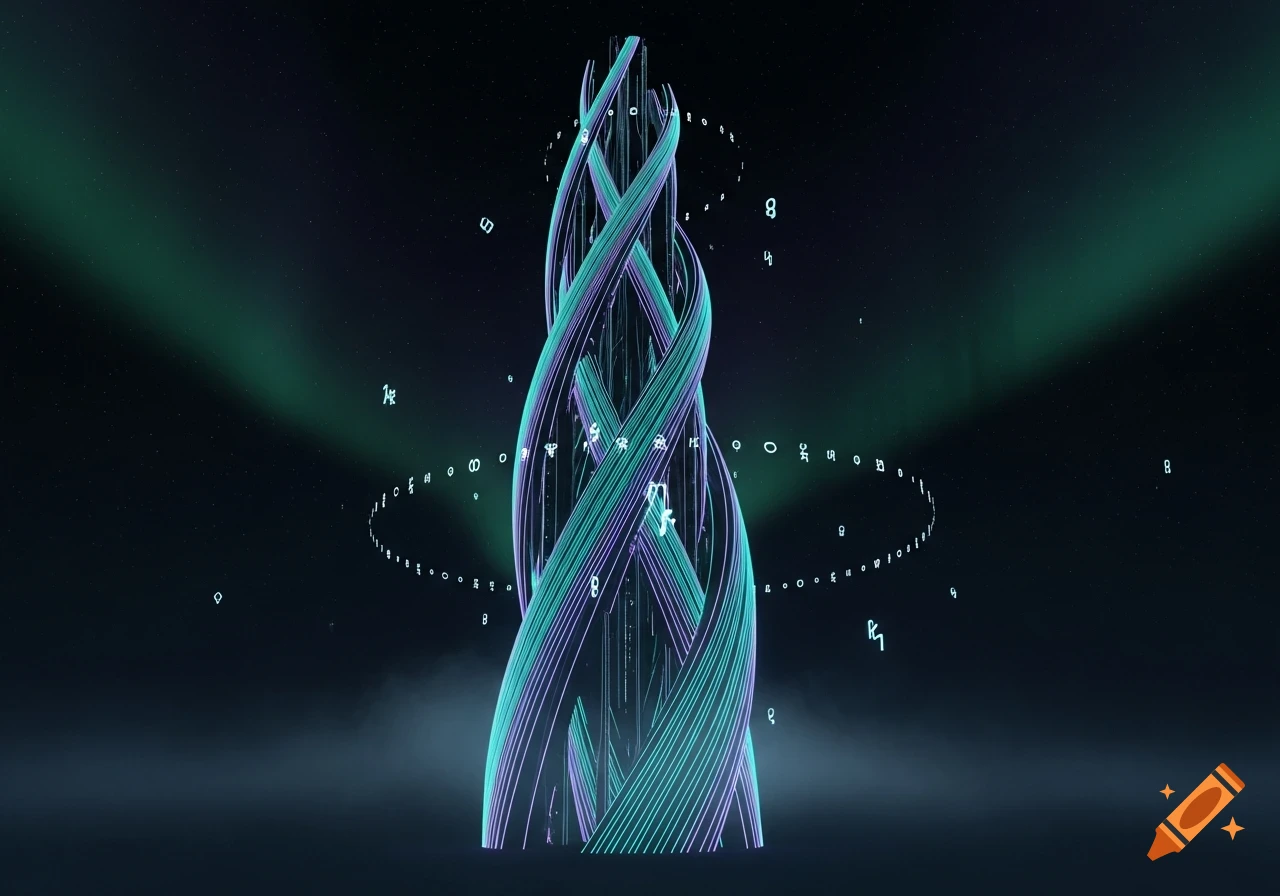 An abstract, glowing tower of intertwined teal and purple ribbons, surrounded by floating binary code and symbols in a dark, starry space with green light beams.