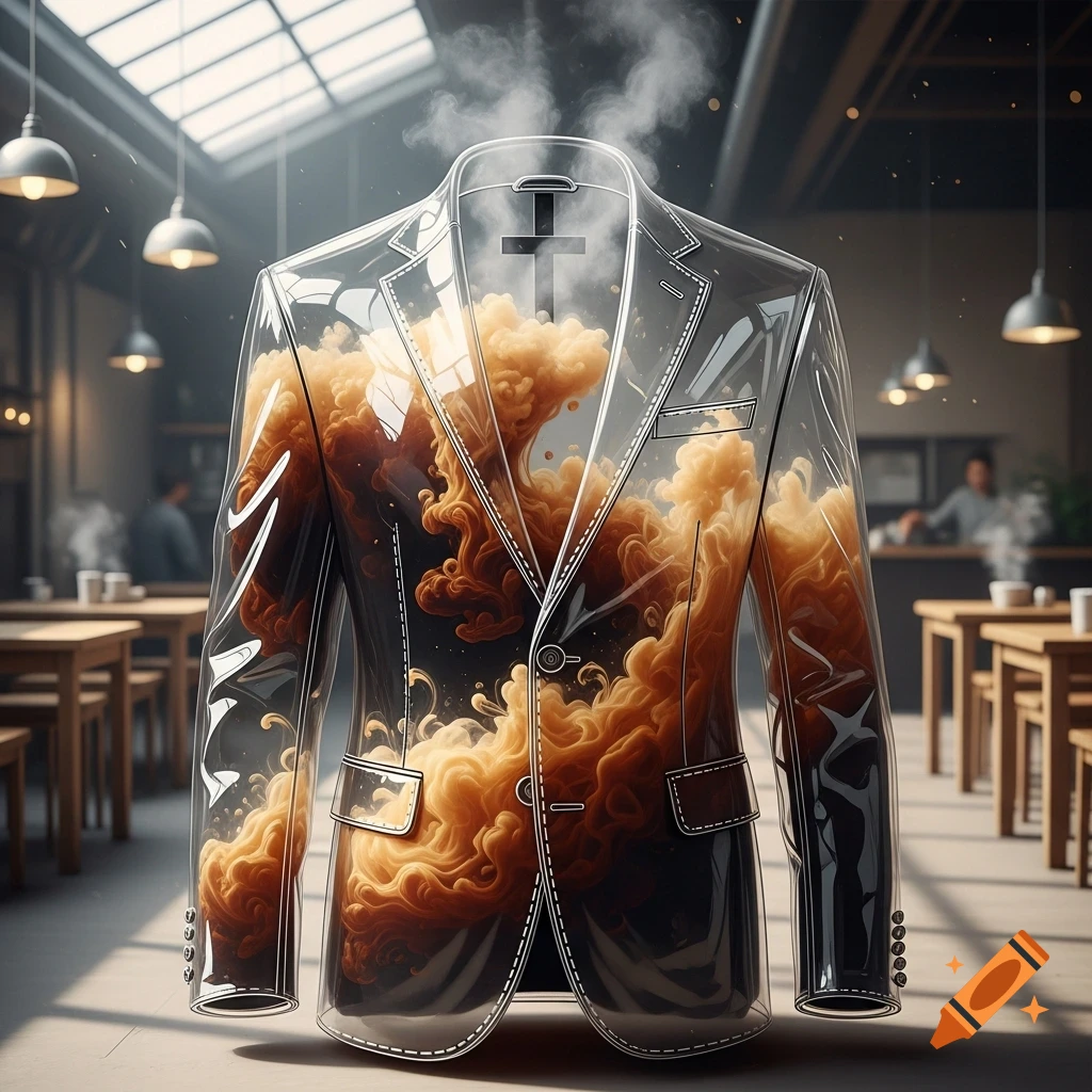 A transparent suit jacket filled with swirling brown coffee, creating a unique visual effect, set in a dimly lit cafe.