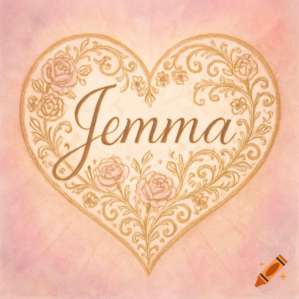 A golden ornate heart with pink roses and scrolling vines, containing the name 'Jemma' in elegant script, on a soft pink watercolor background.