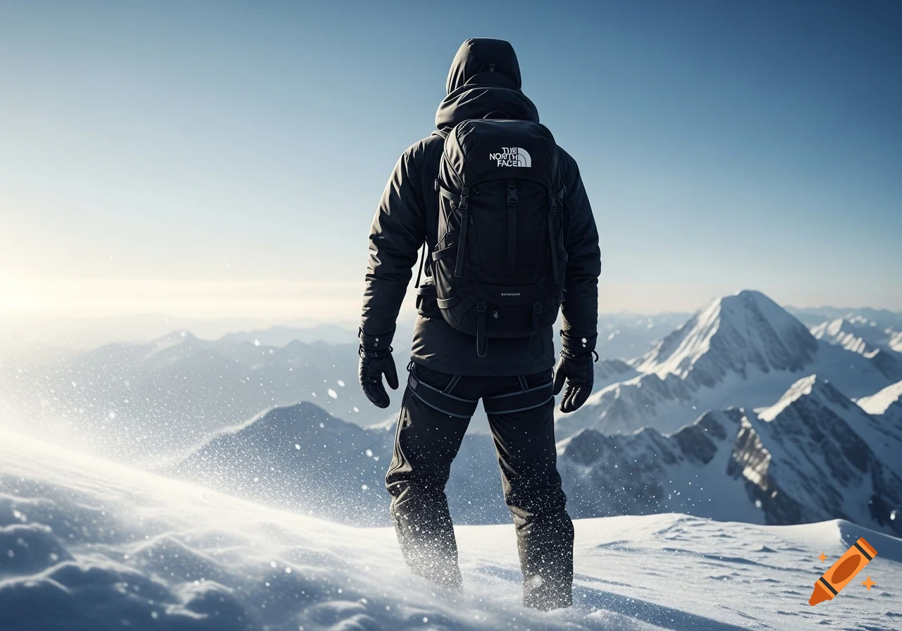 A lone mountaineer in black winter gear and a backpack stands on a snowy mountain peak, facing away, under a clear sky.