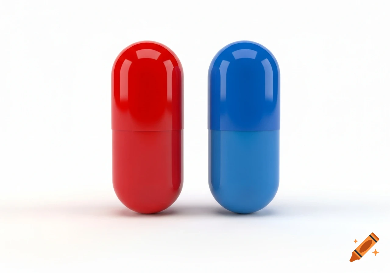 A shiny red capsule and a shiny blue capsule stand upright on a white background.