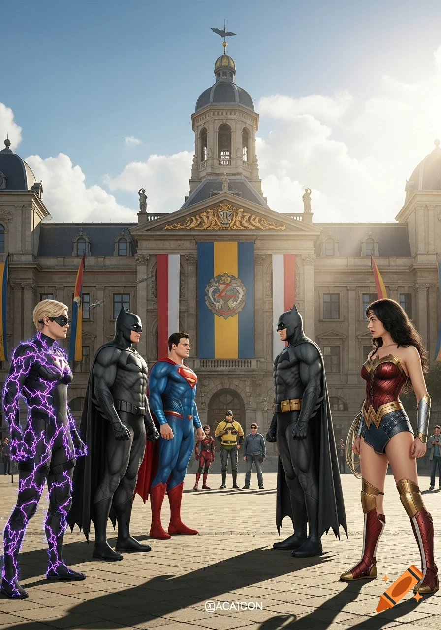 Photorealistic image of Superman, two Batmen, Wonder Woman, and a lightning-covered superhero standing in a plaza before a grand classical building with a banner, under a bright sky.