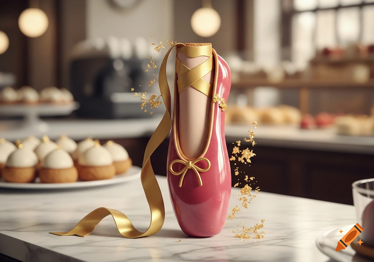 A hyperrealistic pink ballet shoe pastry with gold ribbons and flakes sits on a marble counter in a blurred bakery.
