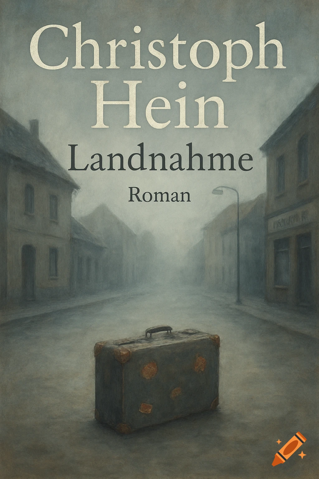 A somber painted book cover for 'Christoph Hein, Landnahme, Roman,' featuring an old suitcase on a misty, empty street.