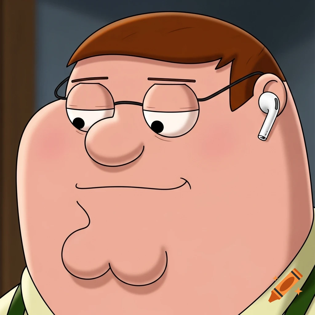 A close-up cartoon of Peter Griffin with closed eyes, listening to music with an AirPod in his right ear, looking slightly to the left.