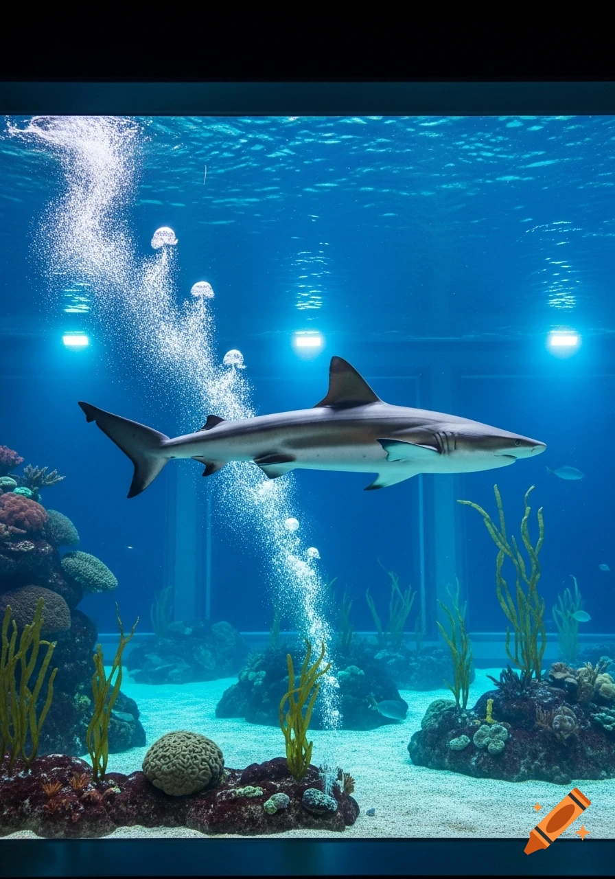 A sleek shark glides through crystal-clear blue water in a large aquarium with coral, sand, and bubbles, illuminated by bright lights.