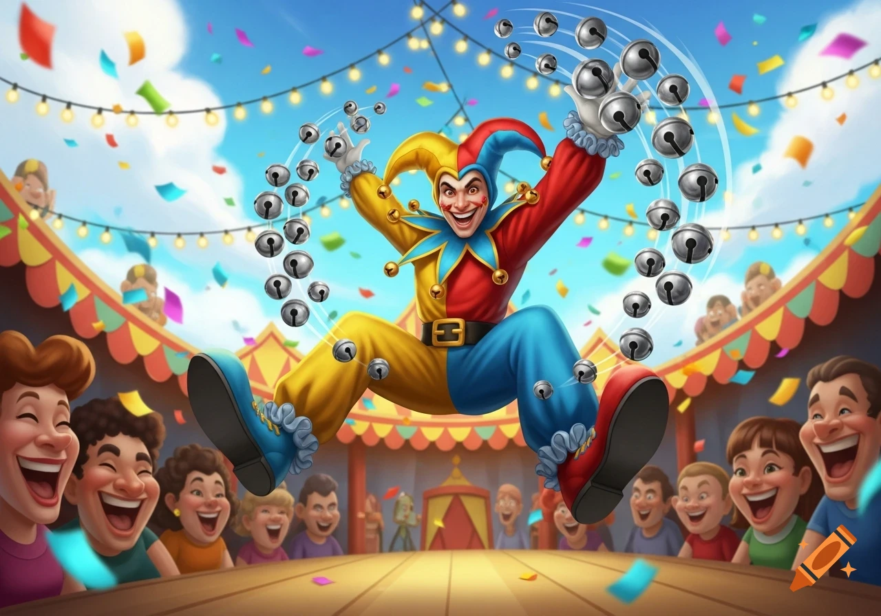 A vibrant cartoon jester jumps and throws bells amidst falling confetti, with a laughing audience in a festive circus setting.