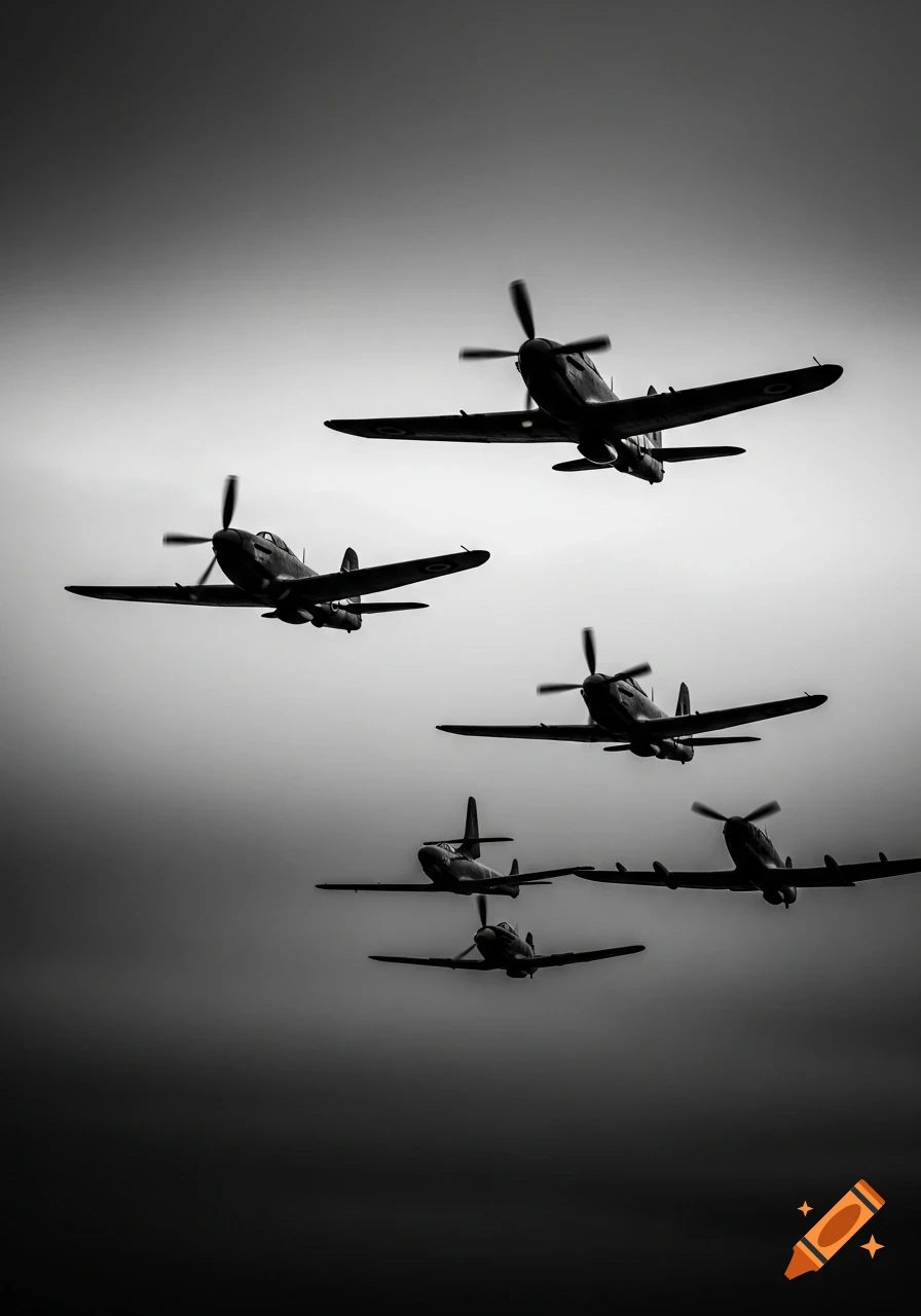 A black and white, high-contrast image showing a formation of six propeller-driven fighter planes in silhouette against a hazy sky.