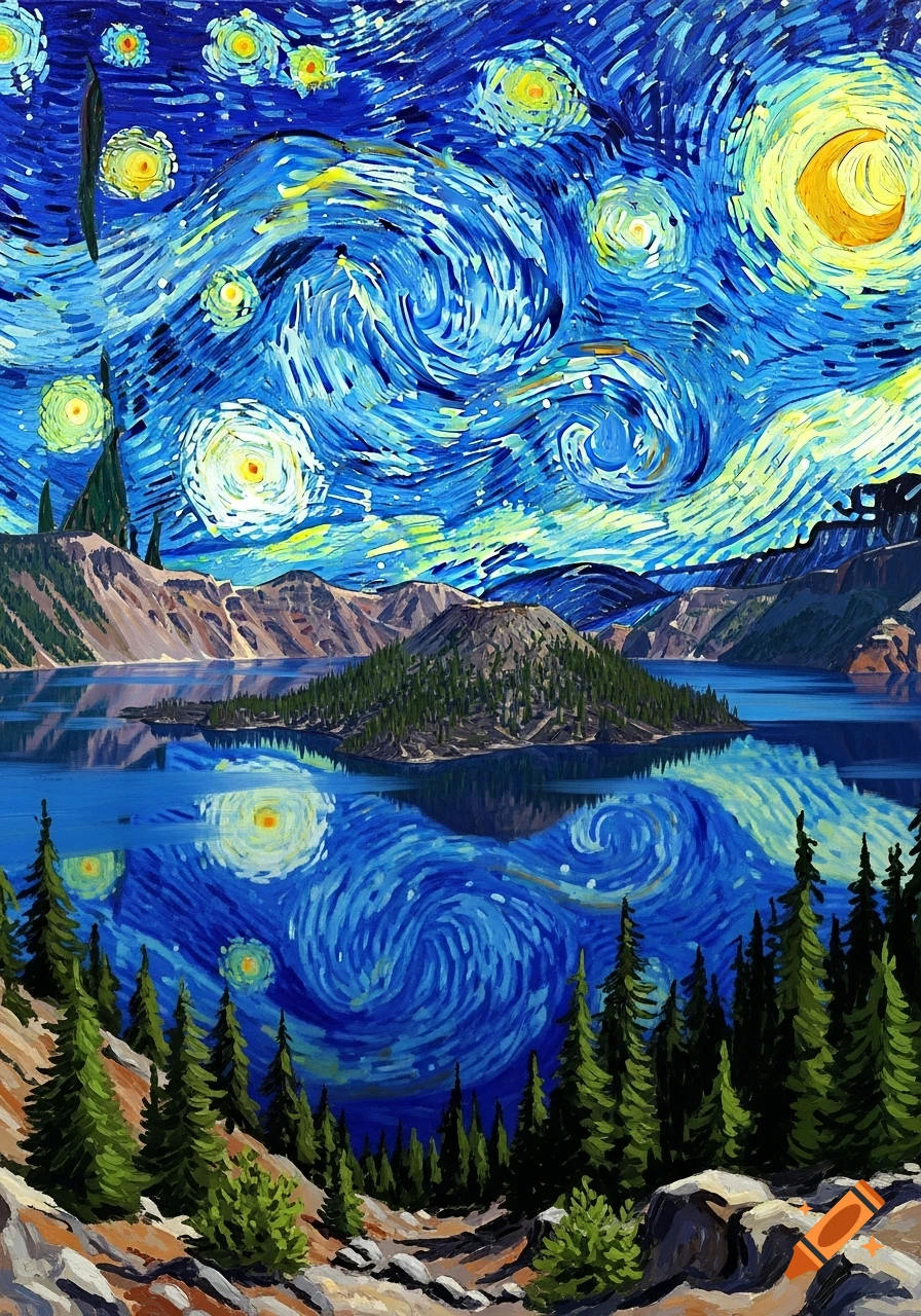 A vibrant landscape painting of Crater Lake with an island, mountains, and pine trees, featuring a swirling starry night sky and its reflection in the blue water.