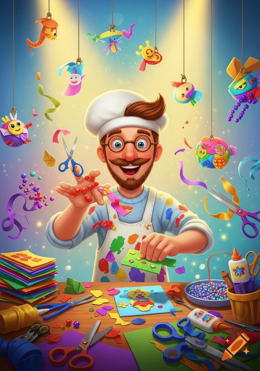 A cheerful man resembling Mister Maker, wearing a paint-splattered apron and chef's hat, crafts paper cut-outs at a table with supplies.