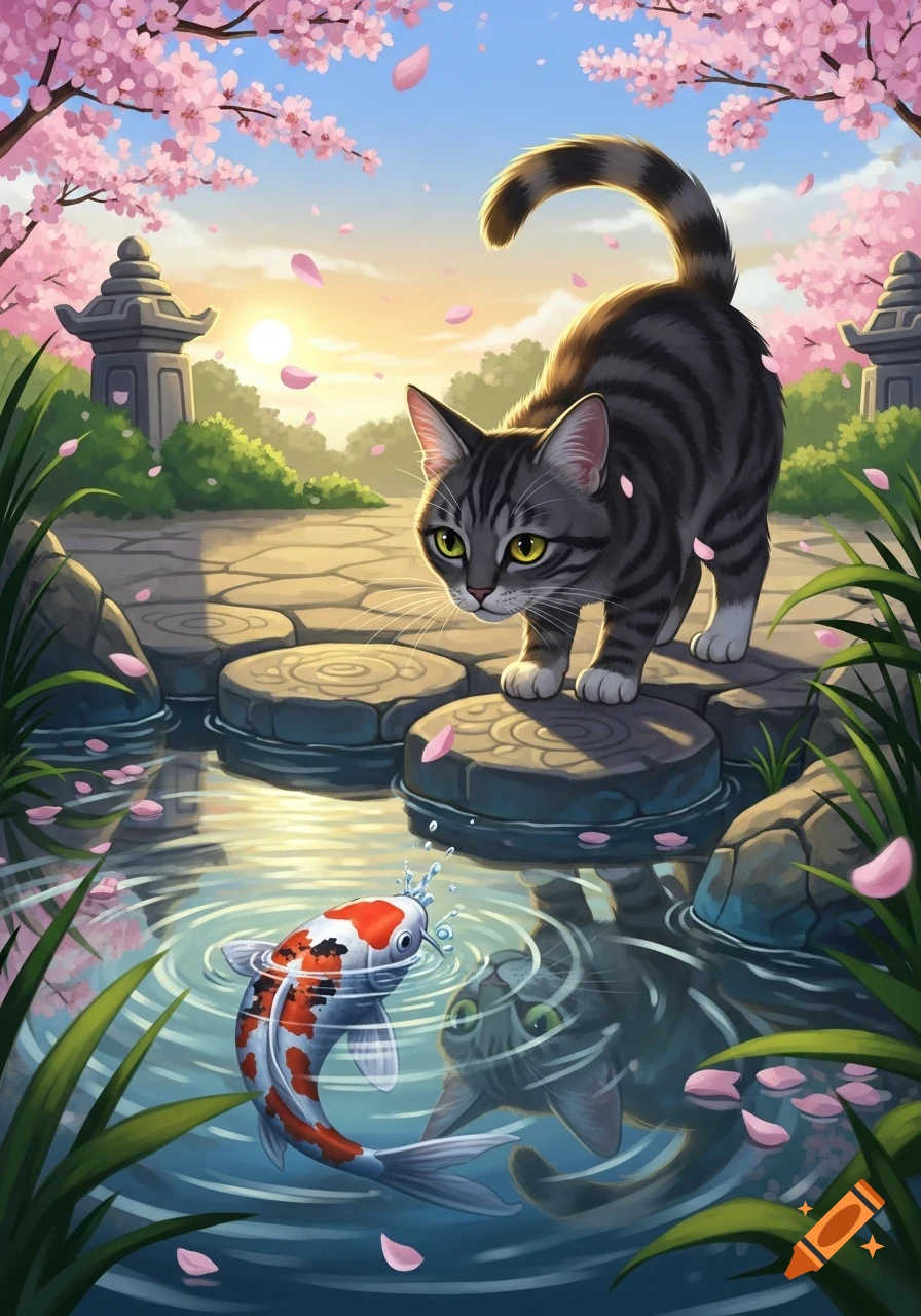 A striped cat on stepping stones looks at a splashing koi fish in a pond under cherry blossoms in a sunny Japanese garden.