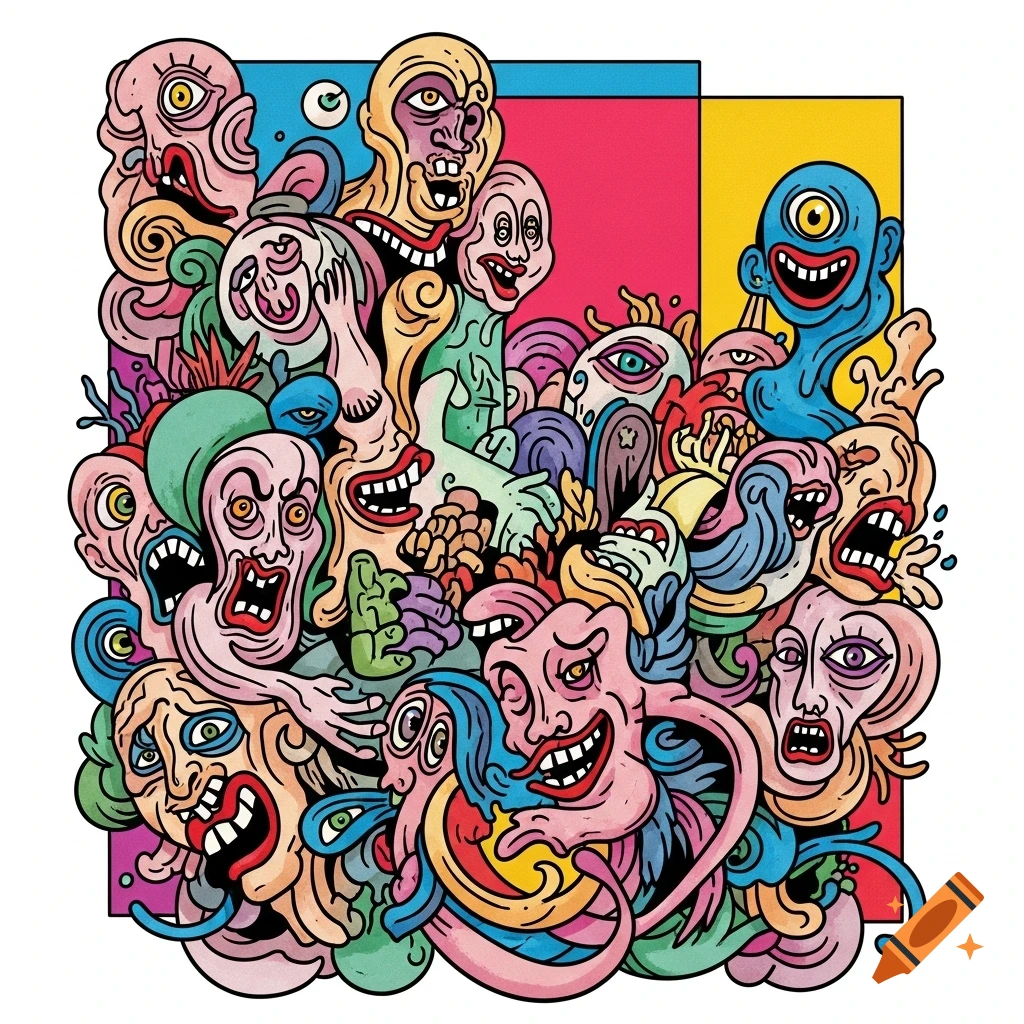 Colorful, grotesque brush and ink illustration of merging, distorted faces and body parts.