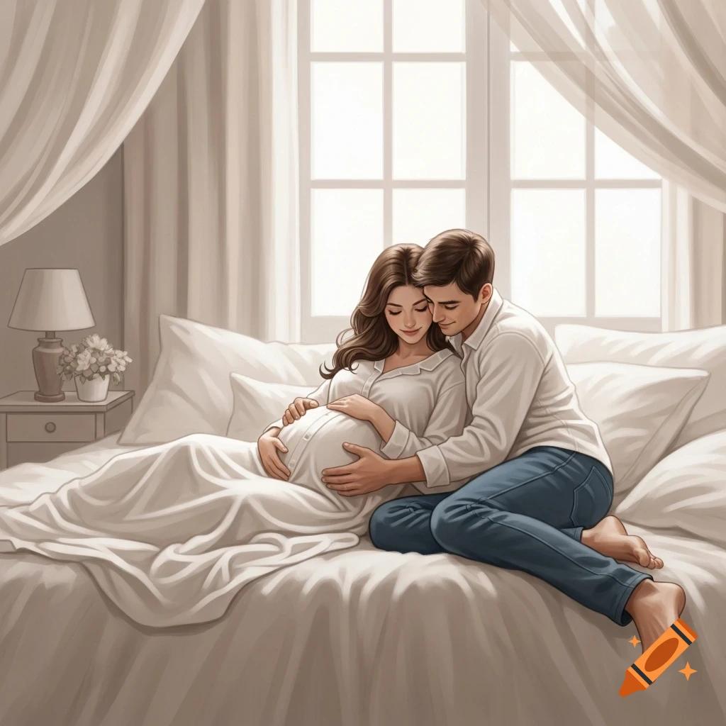 A loving couple on a bed, the man embracing his pregnant wife's belly as she gently cradles it, in a soft, warm bedroom setting.