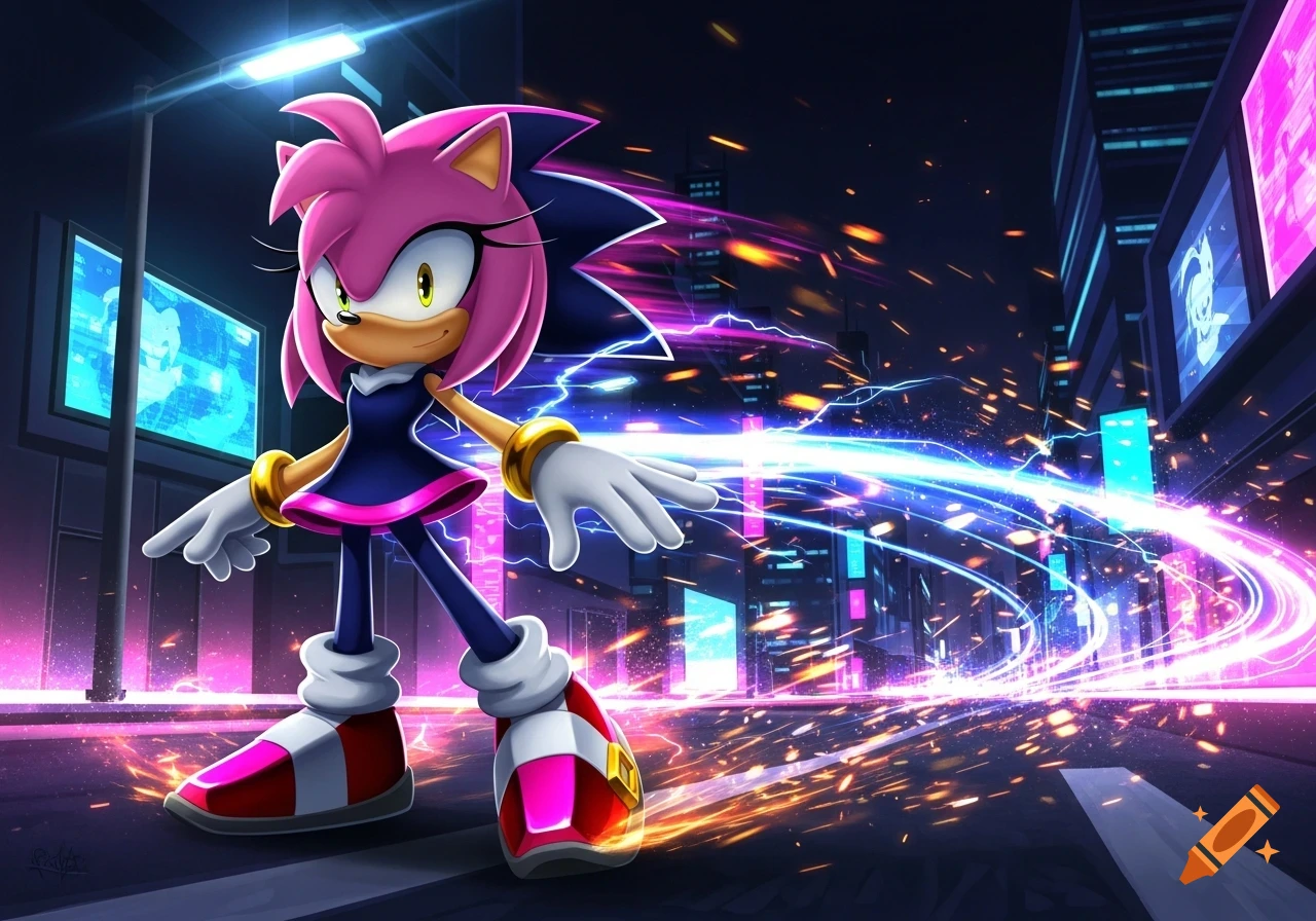 Amy Rose stands in a vibrant, neon-lit futuristic city at night, surrounded by streaks of blue and pink light and sparks.