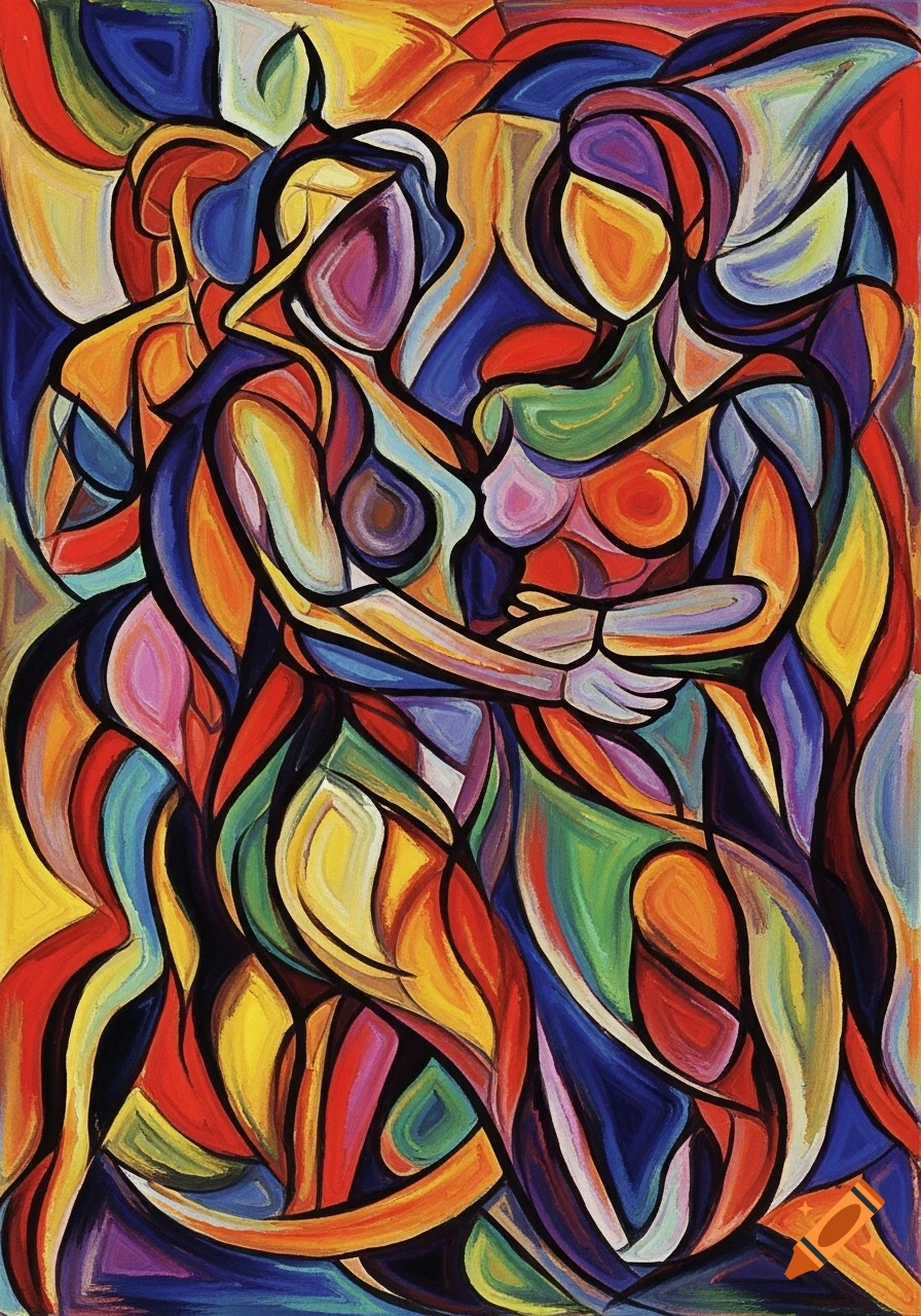 Vibrant abstract painting with bold black outlines depicting stylized human figures through geometric shapes in diverse bright colors.