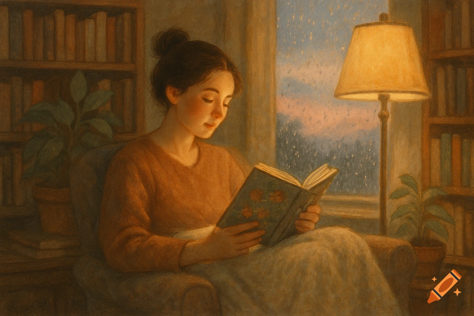 Woman reads a book in a cozy, lamp-lit living room with bookshelves, plants, and a rainy window, in a painterly style.