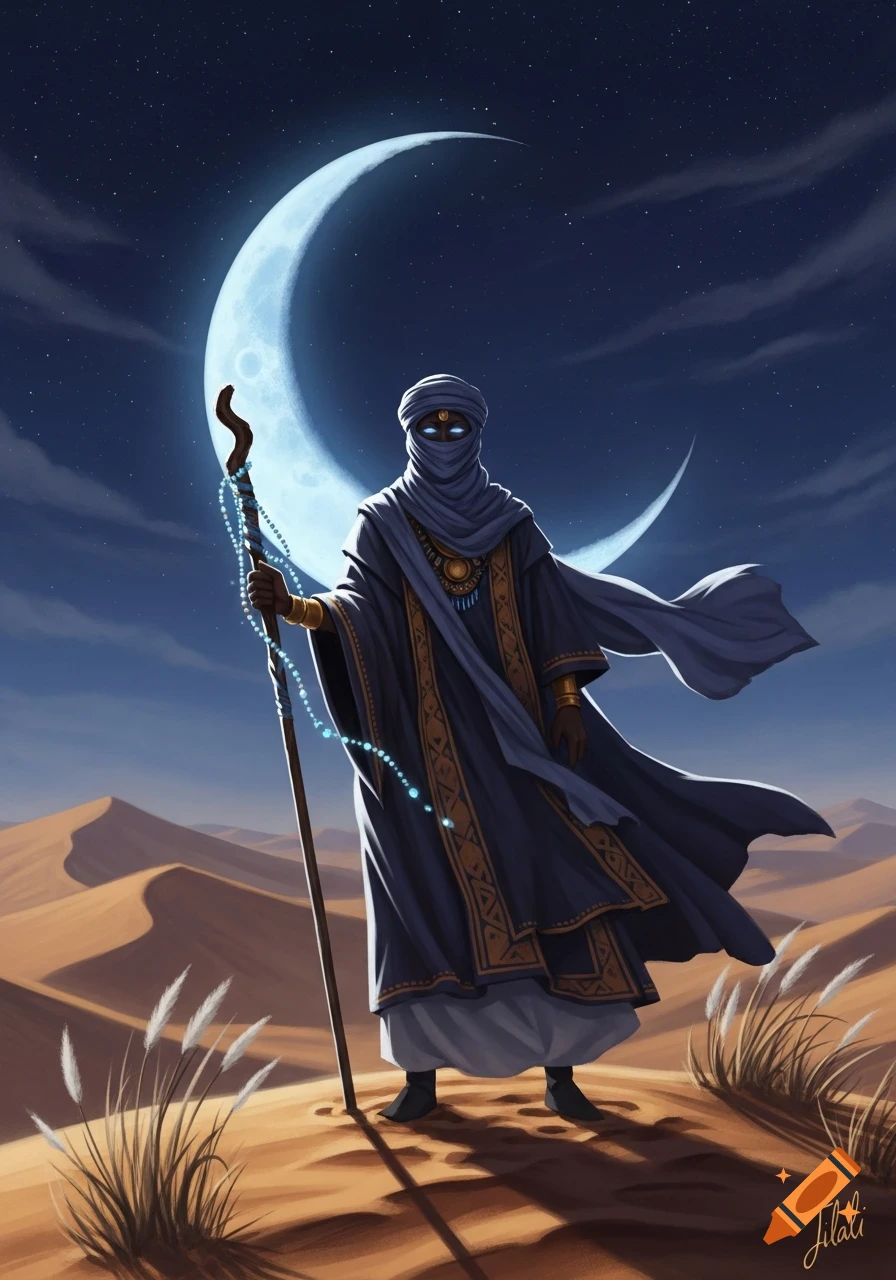 A robed figure with glowing blue eyes and a staff stands on a desert ...