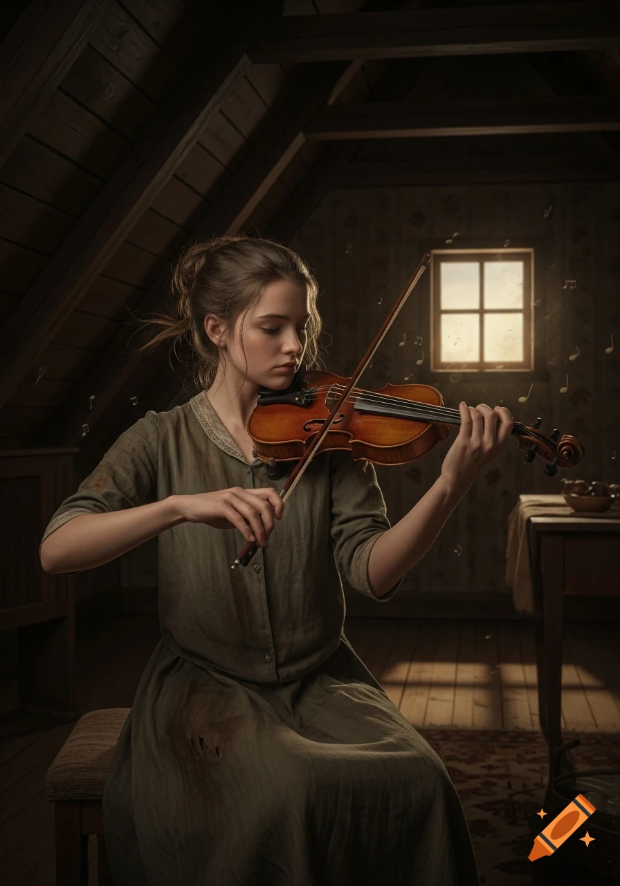 A realistic portrait of a teenage girl in a rustic attic, playing a violin with musical notes floating around her.