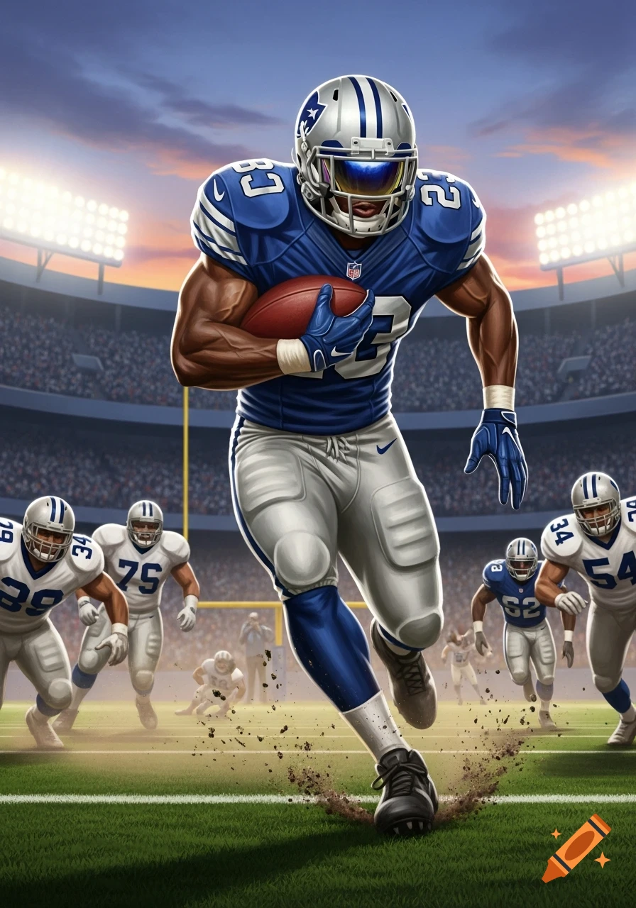 An illustration of an American football player in a blue and white uniform running with the ball on a stadium field.