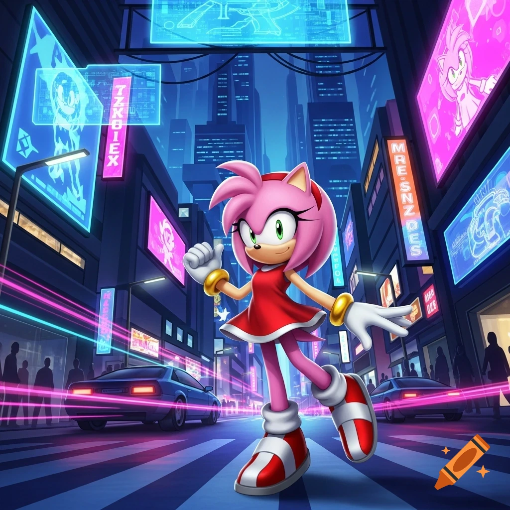 Amy Rose stands in a vibrant, neon-lit cyberpunk city street, giving a thumbs up. Cars and pedestrians are in the background.