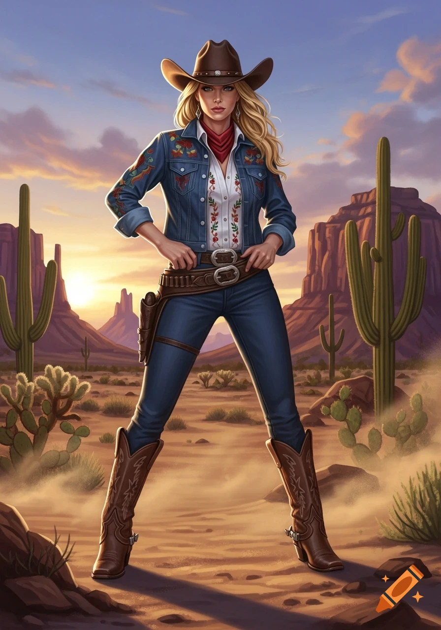Blonde cowgirl in a denim jacket, white shirt, and cowboy hat stands confidently in a desert with cacti and mountains at sunset.