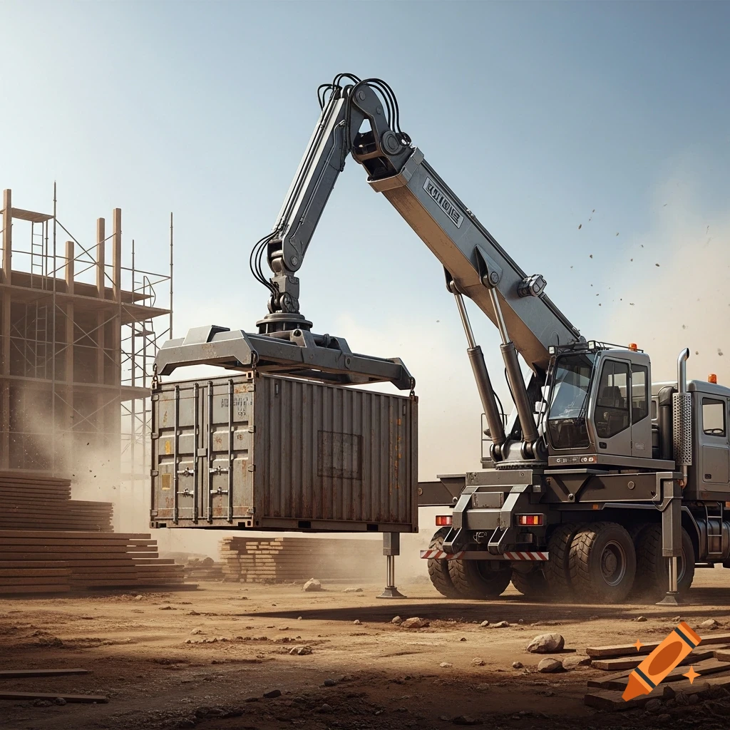 Photorealistic image of a grey truck crane lifting a shipping container on a dusty construction site with scaffolding and lumber.