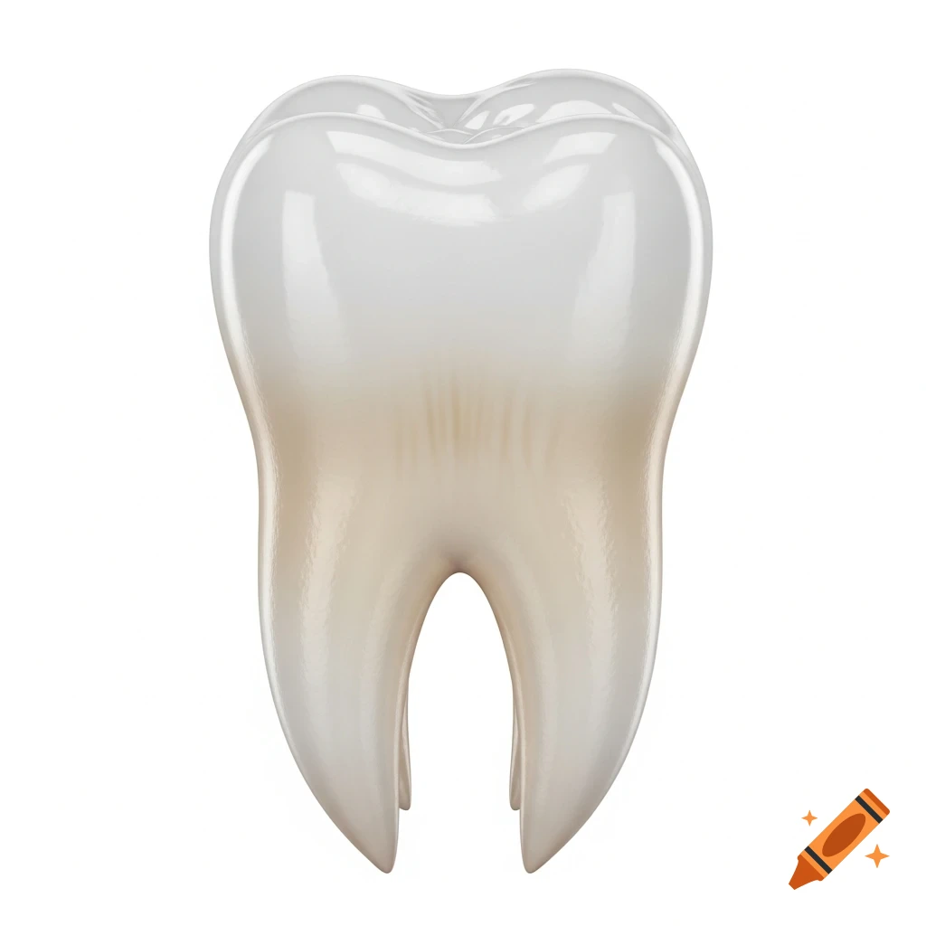 A realistic 3D rendering of a human tooth with white enamel and yellowish roots, on a white background.