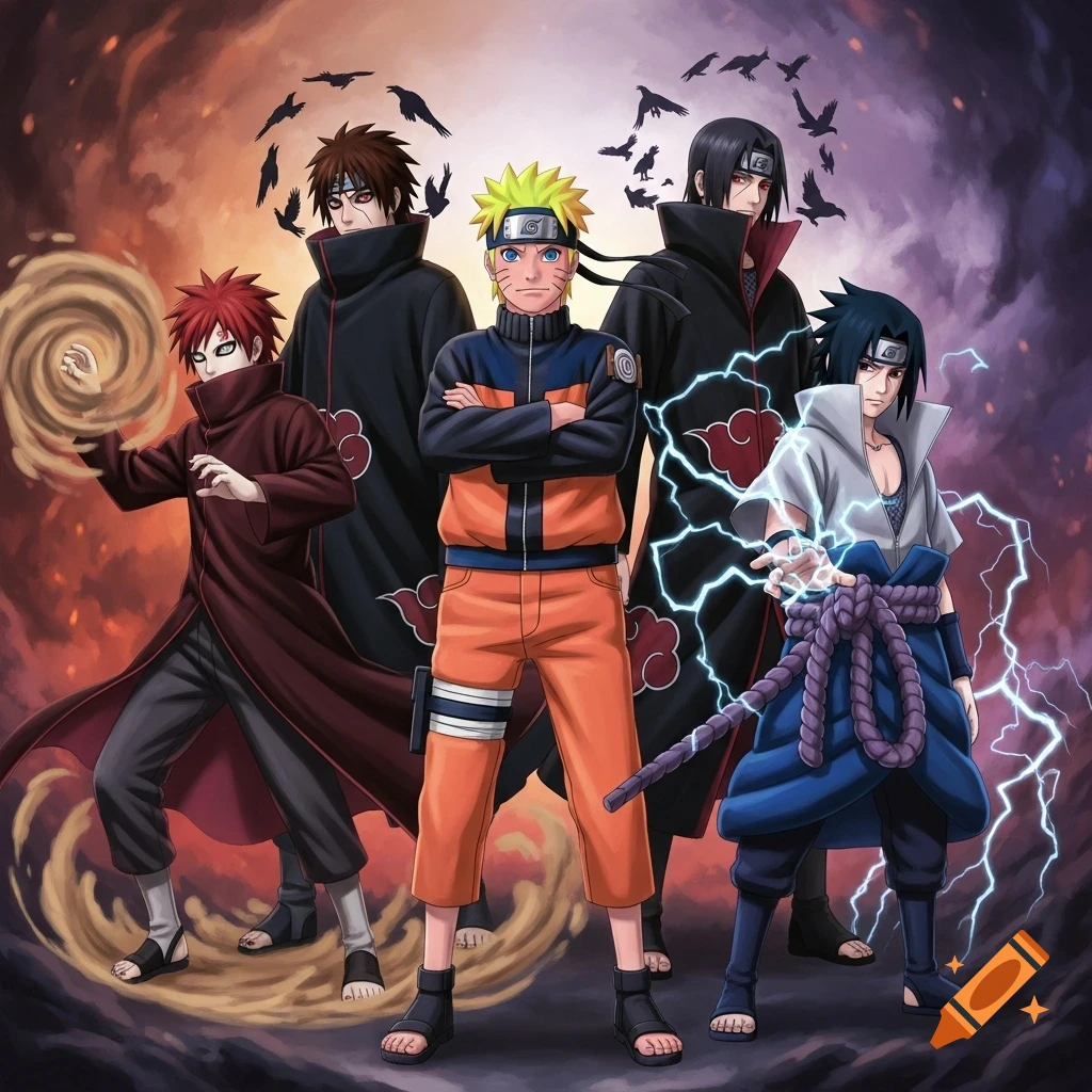 Anime characters Naruto, Gaara, Itachi, and Sasuke pose with their powers like sand and lightning, against a stormy red and purple background with crows.