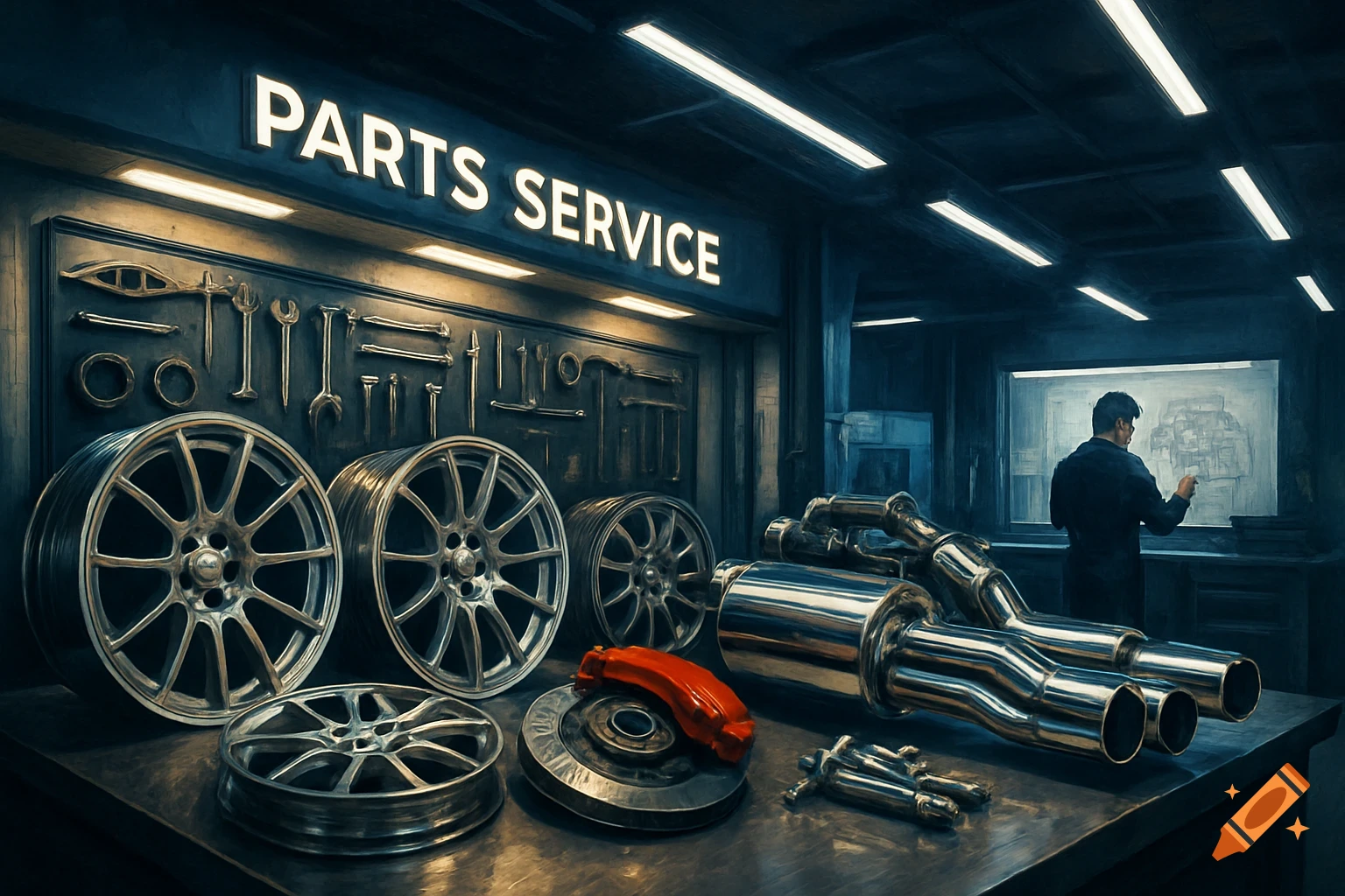 A photorealistic image of a car parts service bay with chrome wheels, exhaust pipes, and brake calipers on a counter, with a mechanic working on a whiteboard in the background.
