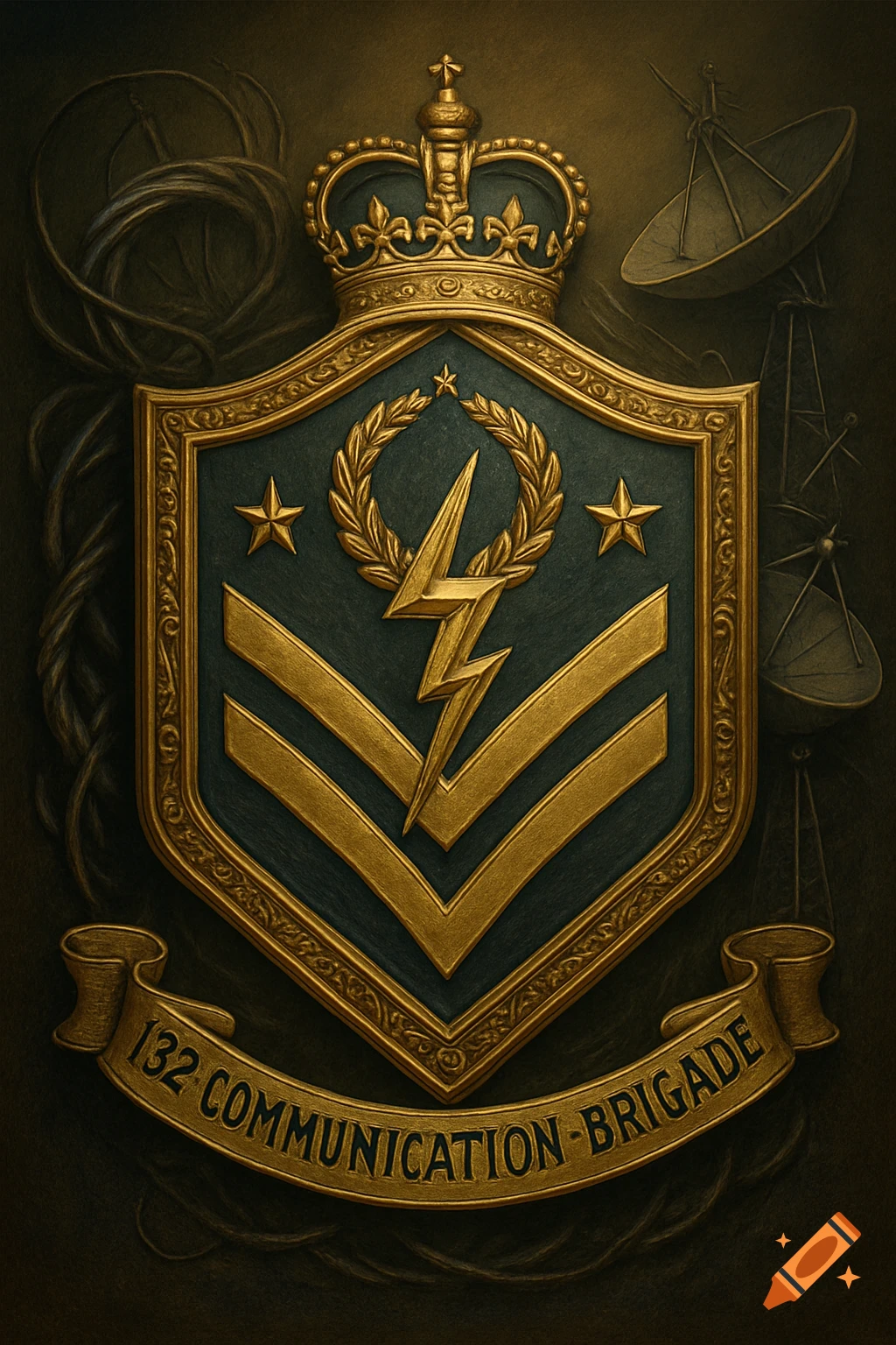 A gold and green military-style emblem with a crown, lightning bolt, laurel wreath, and stars. A banner below reads "132 COMMUNICATION-BRIGADE".