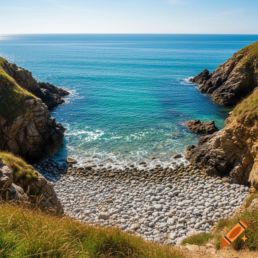 A secluded pebble beach nestled in a cove between steep, green cliffs, leading to clear blue-green ocean water under a sunny sky.