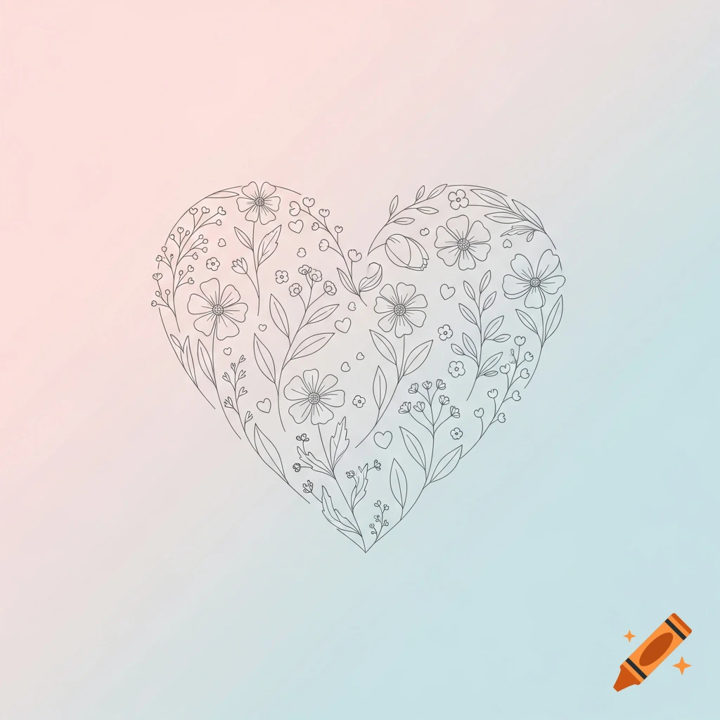 A minimalist line art illustration of a heart filled with various delicate flowers and leaves on a soft pink and blue pastel gradient background.