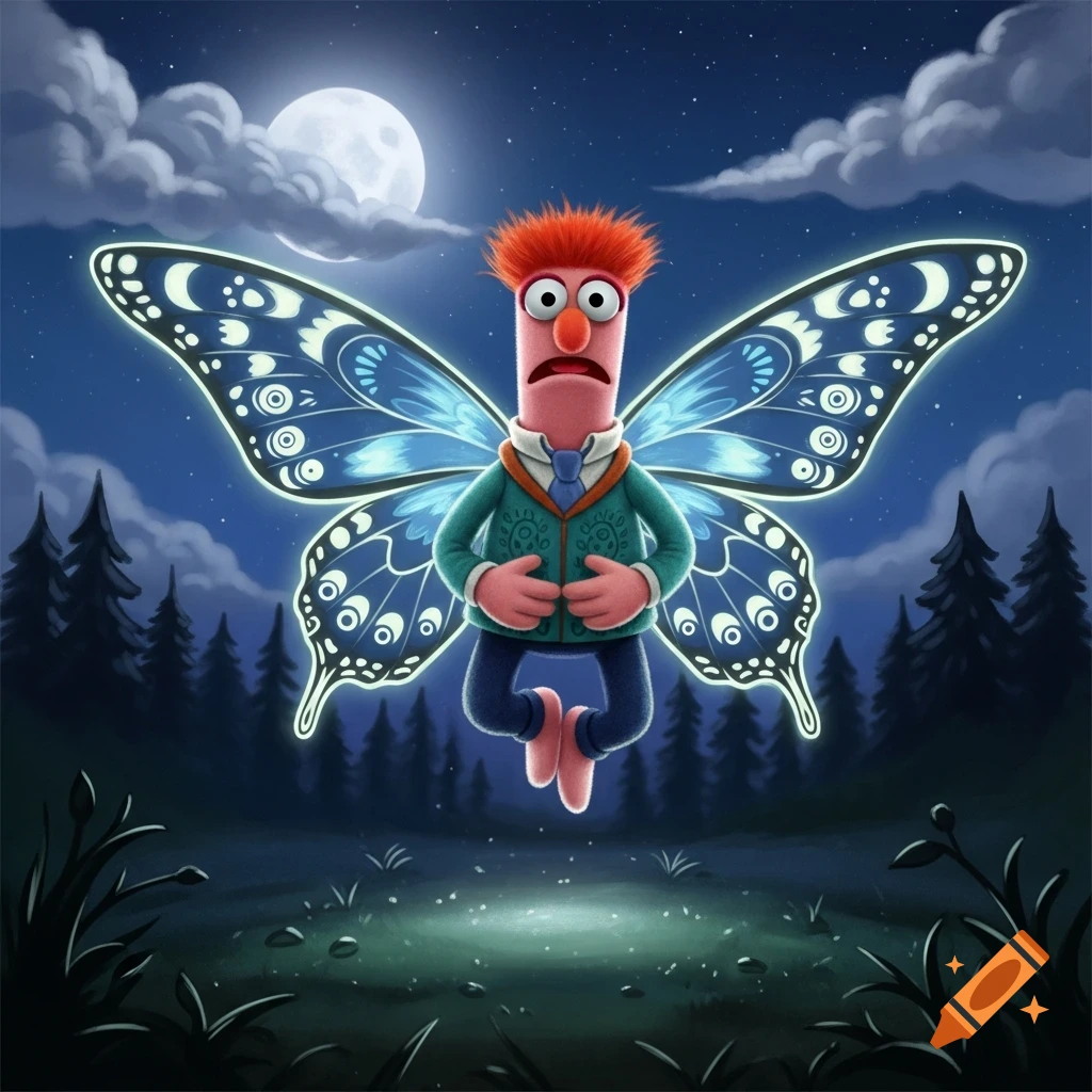A scared-looking cartoon character, Beaker from the Muppets, with large glowing blue moth wings floats in a moonlit forest at night.
