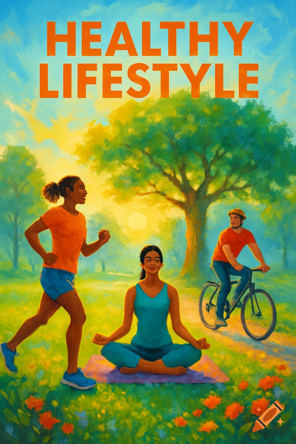 A colorful poster in a painterly style depicts a woman jogging, another meditating, and a man cycling in a sunny park, with "HEALTHY LIFESTYLE" text.