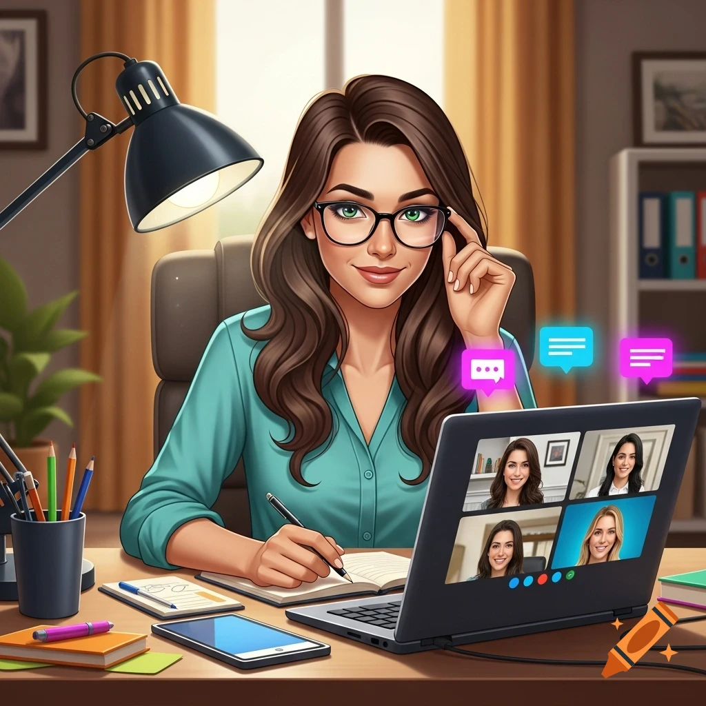 An illustrated woman with brown curly hair and glasses works at a desk with a laptop, participating in an online video call. She smiles while writing in a notebook.