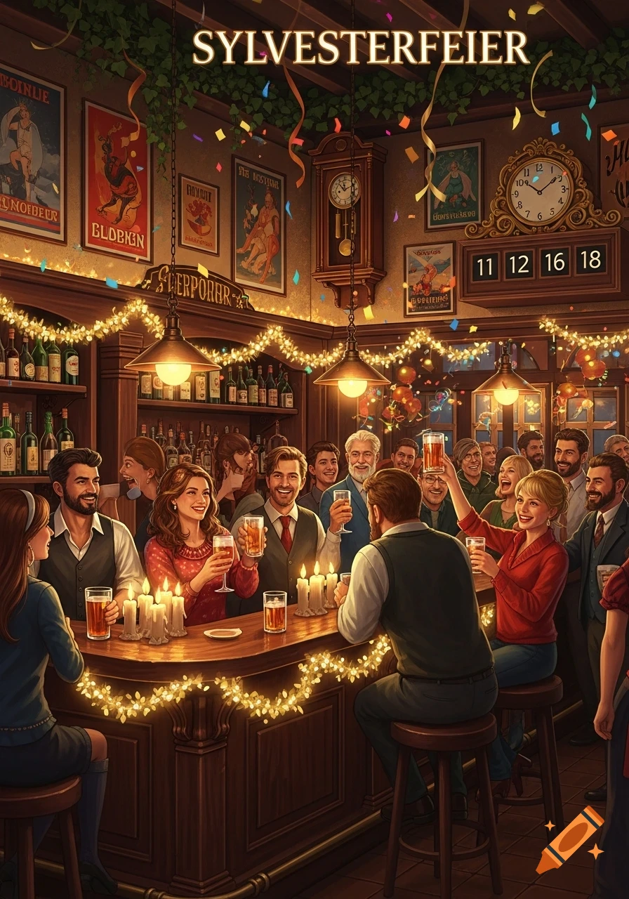 A bustling pub is decorated with string lights, confetti, and posters for a lively New Year's Eve celebration, with diverse patrons raising glasses and smiling at the bar.