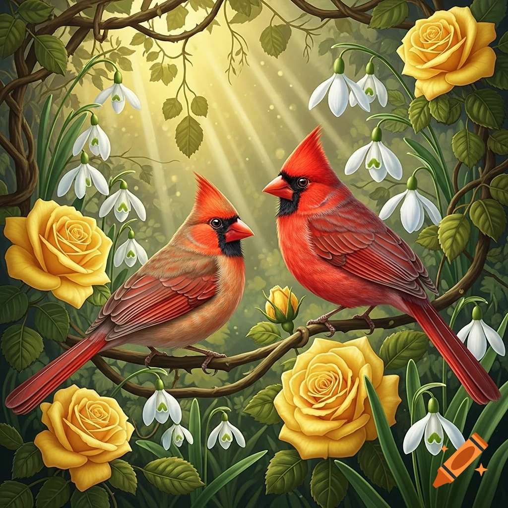 Two red cardinals on a branch amidst yellow roses and white snowdrop ...