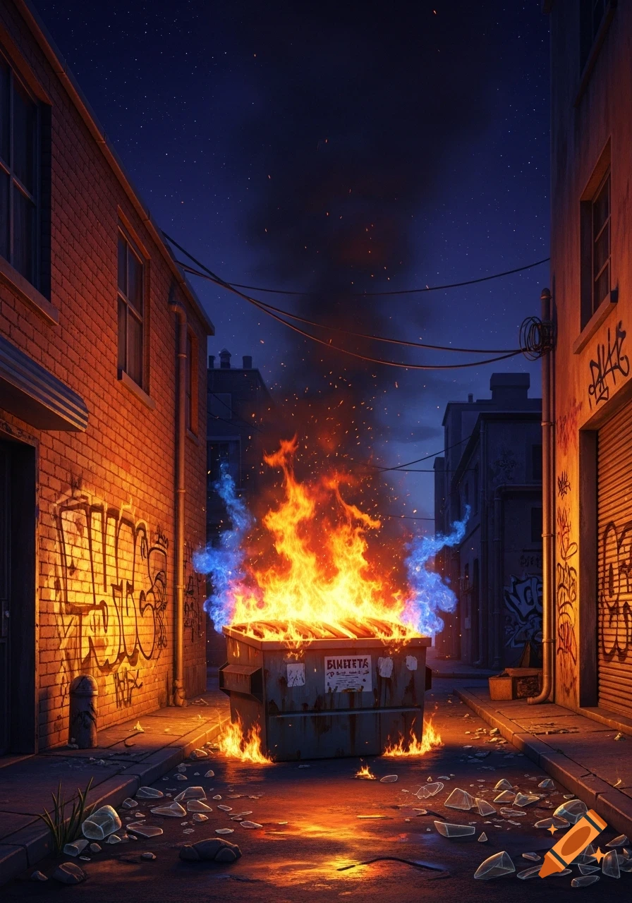 A fiery dumpster burns with orange and blue flames in a dark, graffiti-covered urban alley at night.