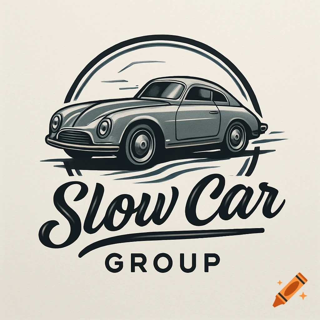 A stylized logo of a classic car with the text 'Slow Car GROUP' in a monochrome design, against a light background.