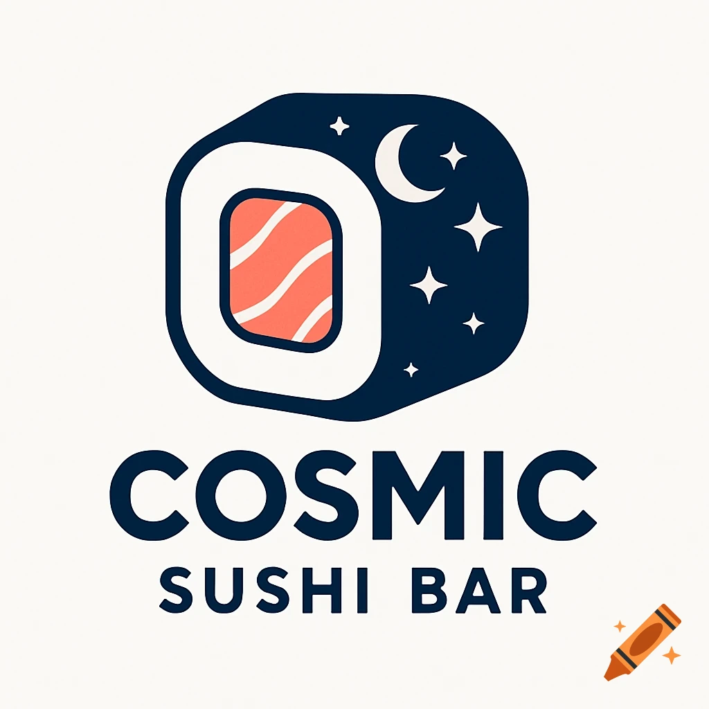 A minimalist logo for Cosmic Sushi Bar featuring a sushi roll with a starry night sky and crescent moon, above text 'COSMIC SUSHI BAR'.