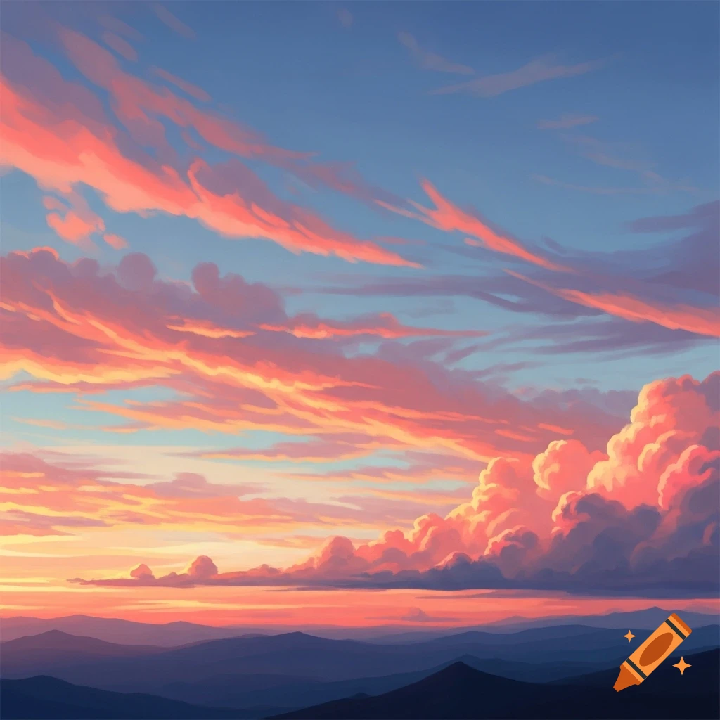Vibrant pink and orange clouds fill a blue sky over dark mountains during a sunset, in a painterly style.