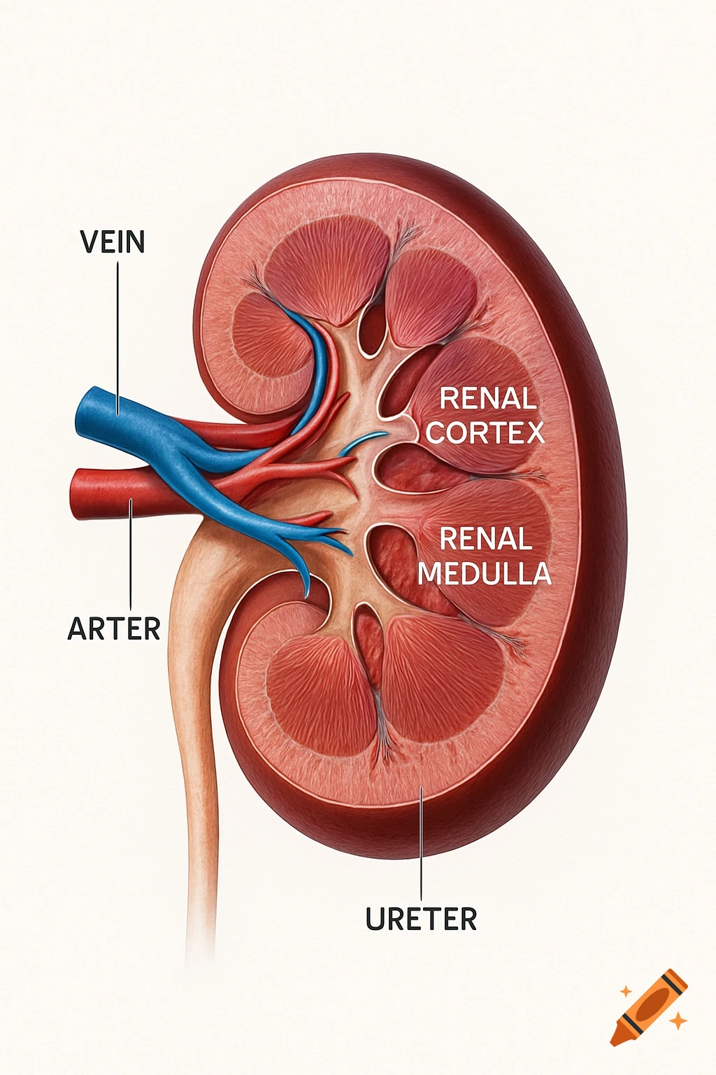 Detailed cross-section illustration of a human kidney, showing the renal cortex, renal medulla, vein, artery, and ureter.