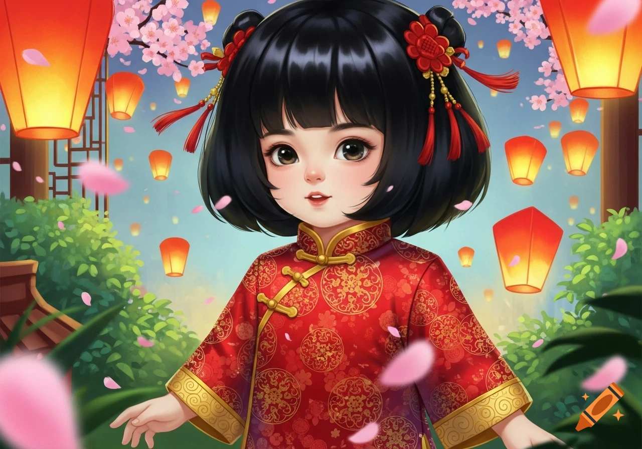 A cute animated Chinese child in a red patterned dress, with black bob hair and hair ornaments, surrounded by cherry blossoms and lanterns.