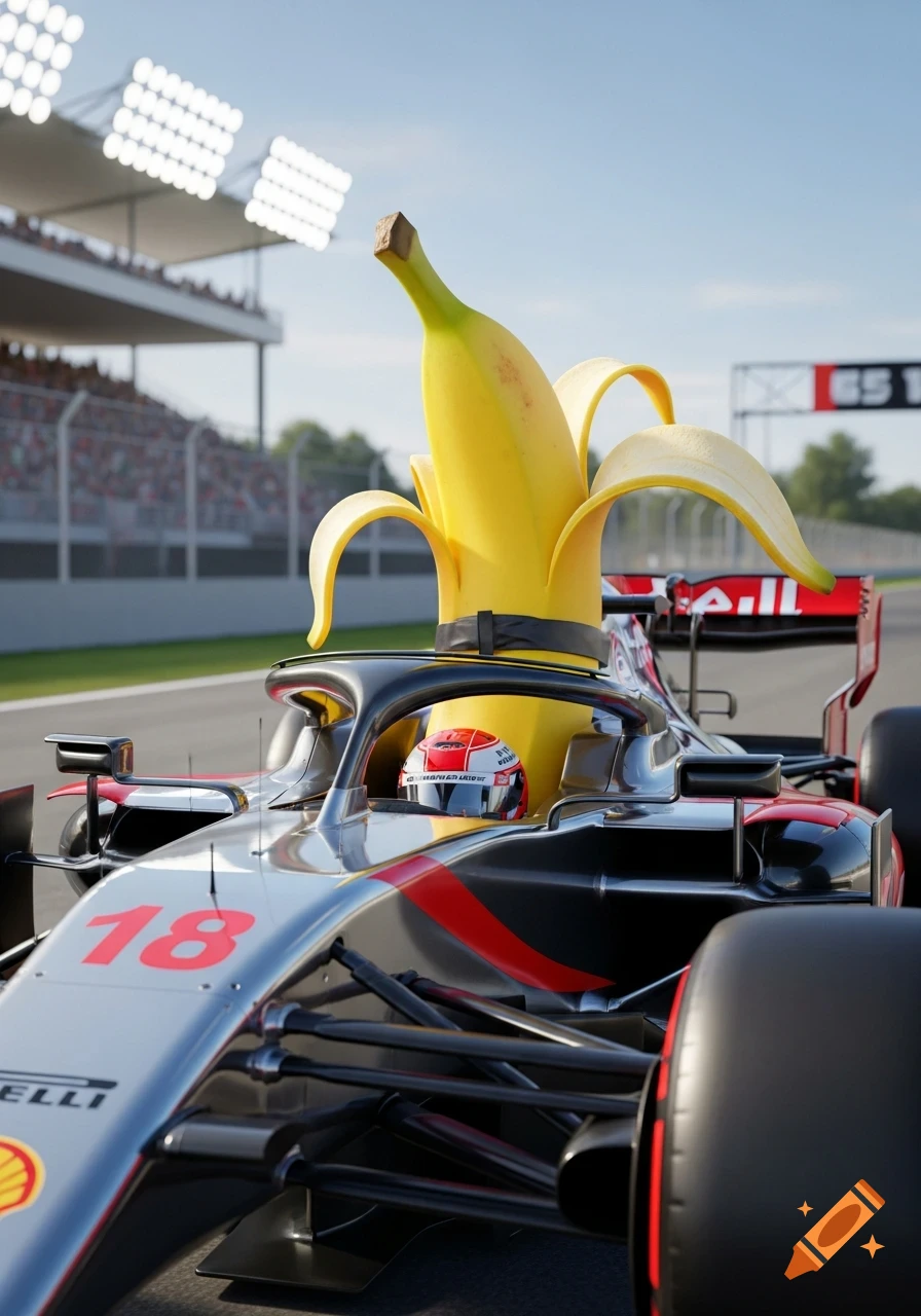 A humorous photorealistic image of a large peeled banana positioned like a driver in a Formula 1 race car on a track.