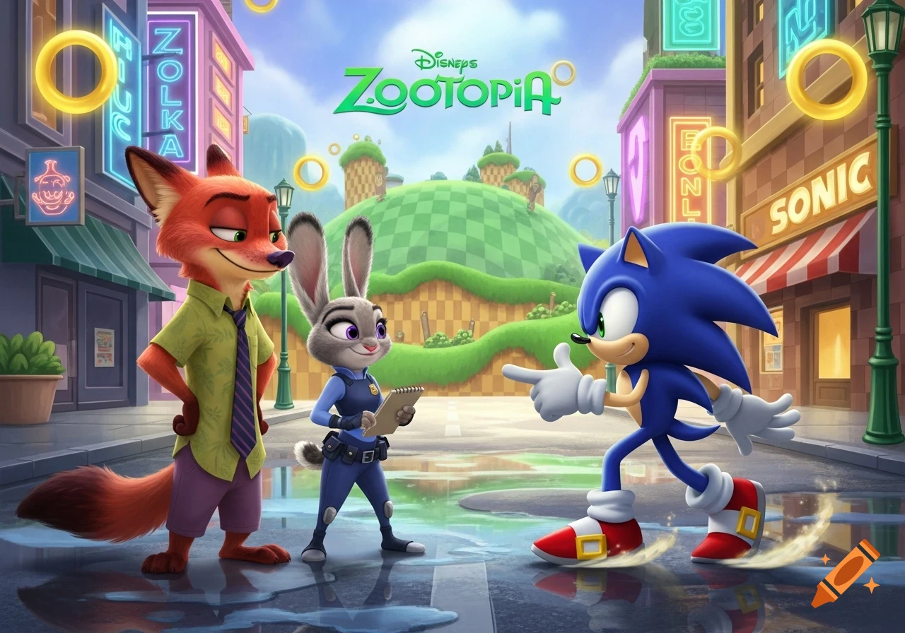 Nick Wilde and Judy Hopps from Zootopia meet Sonic the Hedgehog on a city street with Green Hill Zone in the background.