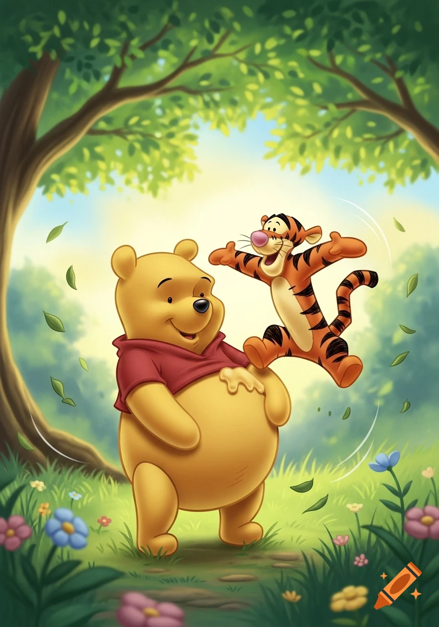 Winnie the Pooh smiles as Tigger bounces playfully on his belly in a sunny, vibrant green forest with flowers, in a cartoon style.
