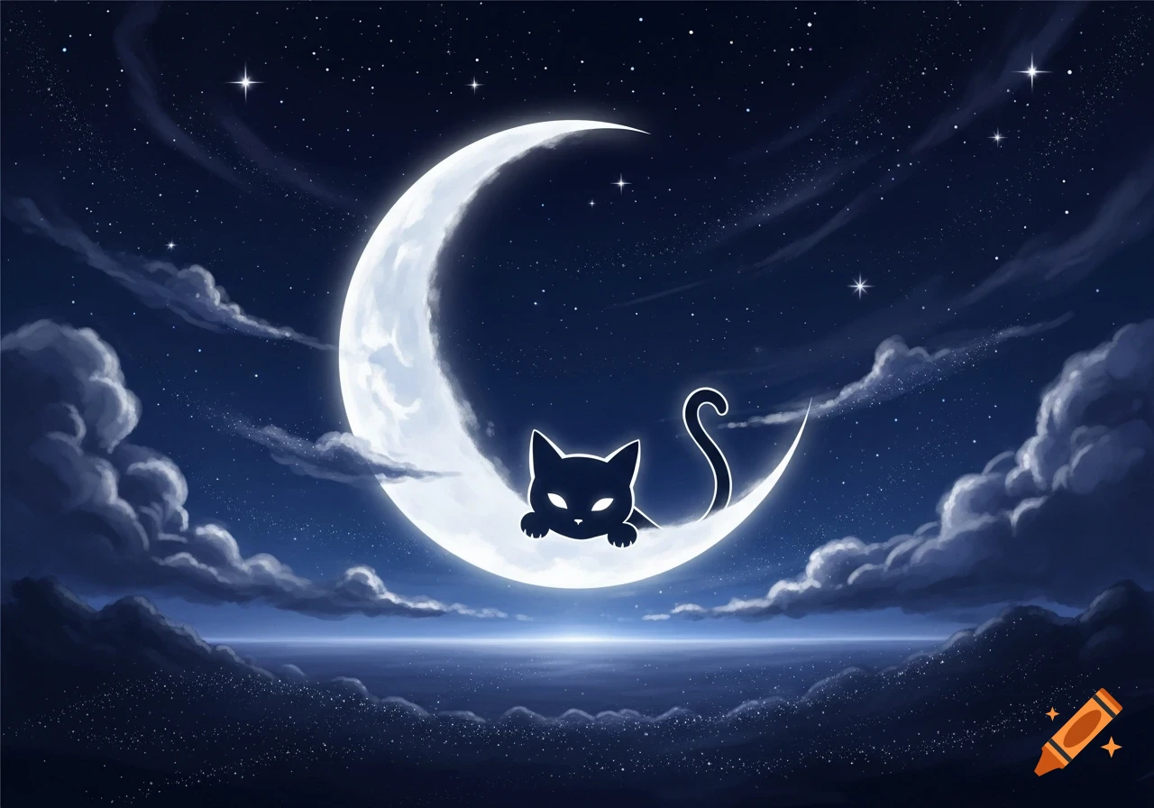 Black cat silhouette on a glowing crescent moon in a starry night sky above a cloud-strewn ocean, illustrated style.