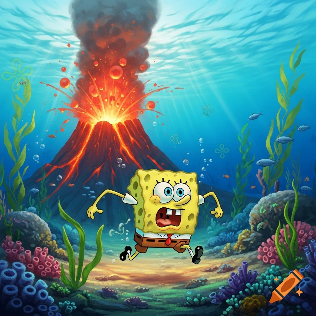 Spongebob Squarepants runs away in a panic from an erupting underwater volcano in a vibrant cartoon style.
