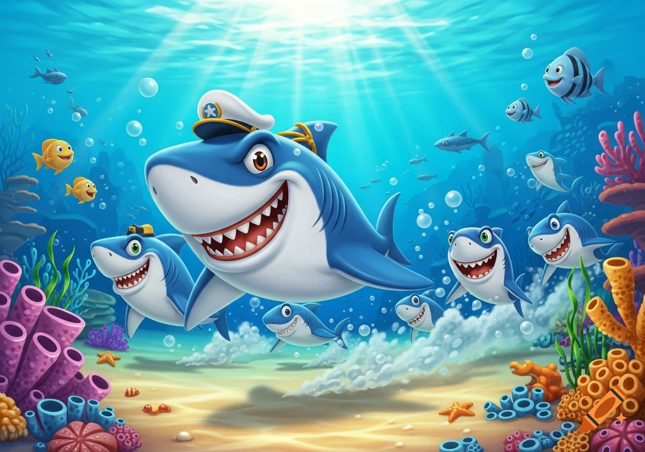 A vibrant cartoon illustration of a large shark wearing a captain's hat leading a group of smaller sharks and fish in a colorful coral reef.